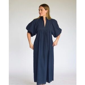 NEVER A WALLFLOWER puff sleeve navy blue maxi dress weekend summer cotton S